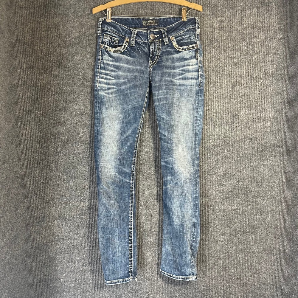 Y2K Silver Jeans Aiko Skinny Womens 27x32 Low Rise Stitch Flap‎ Pocket McBling